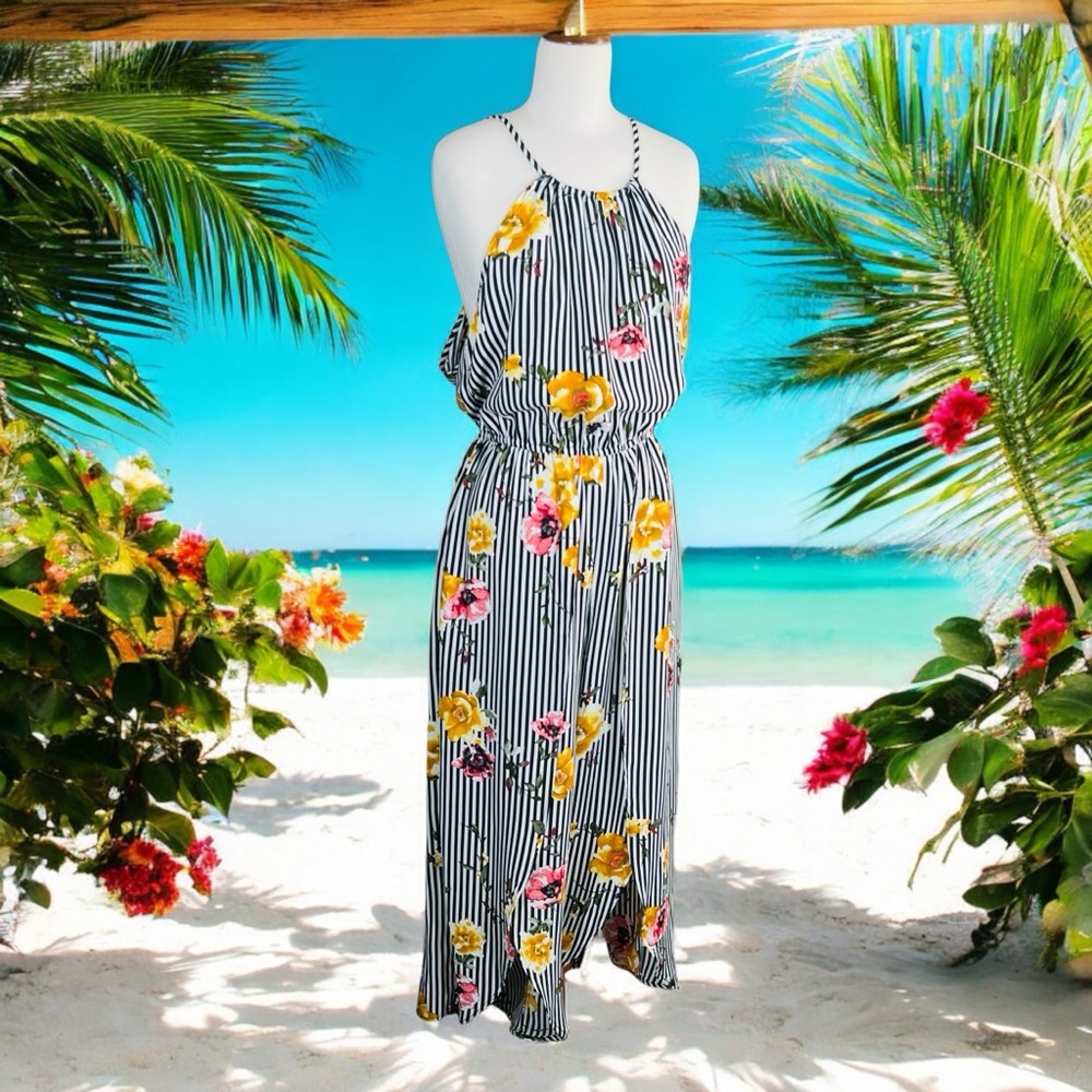 My Michelle Black and White Floral Striped Jumpsuit w/Adjustable Neckline NWT Lg